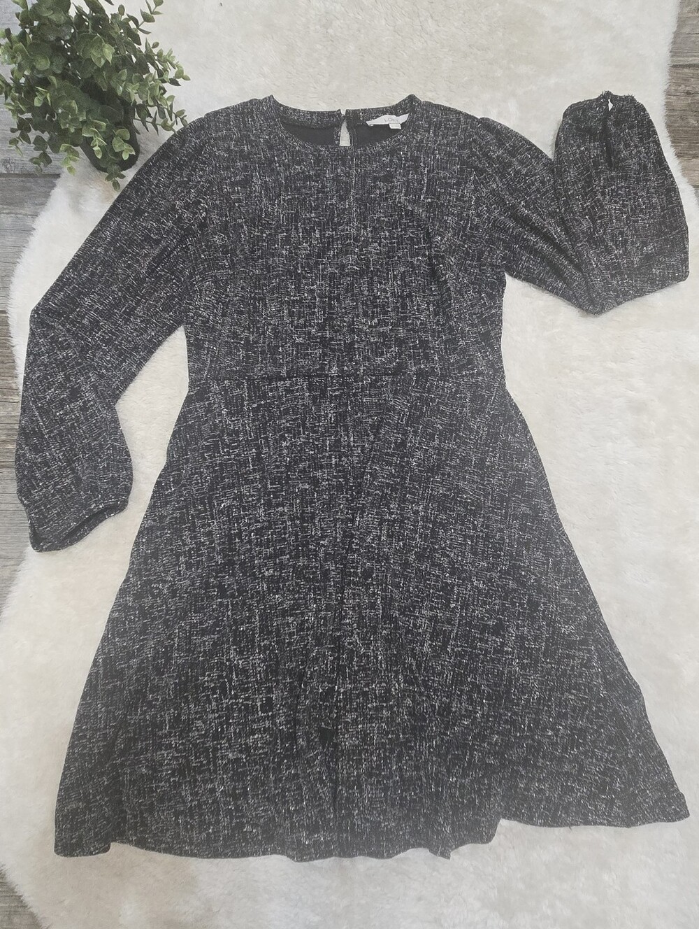 LOFT Black and Metallic Silver Knit Long Sleeve Office Holiday Dress, M